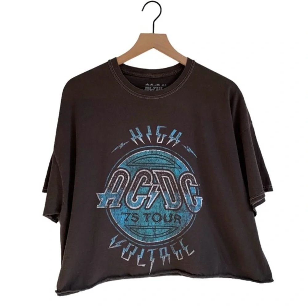 AC/DC Officially Licensed Distressed Gray “High Voltage” Graphic Crop T-Shirt - Picture 2 of 5
